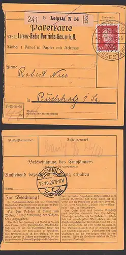 Friedrich Ebert 60 Pf. auf Paketkarte, DR 421, Leipzig N14 SoSt. 24.10.28 Messestadt, Abs. Lorenz-Radio Vertriebs-Ges.