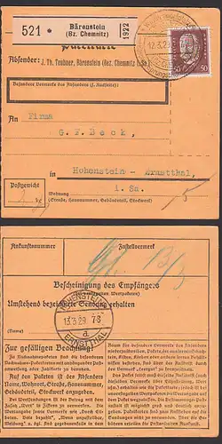 Hindenburg, Paul von 50 Pf. auf Paketkarte, DR 420, Bärenstein (Bz. Chemnitz) SoSt. 13.2.29