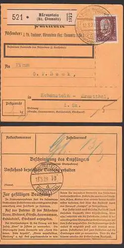 Hindenburg, Paul von 50 Pf. auf Paketkarte, DR 420, Bärenstein (Bz. Chemnitz) SoSt. 13.2.29