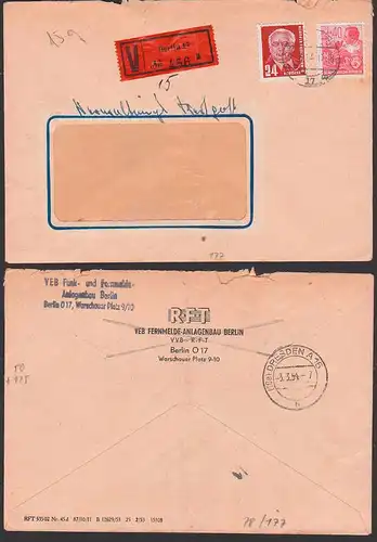 Berlin O17 Verwaltungswertpost 2.3.1954 mit Freimarken, Funk- u. Fernmeldeanlagen, Zentraler Kurierdienst der DDR