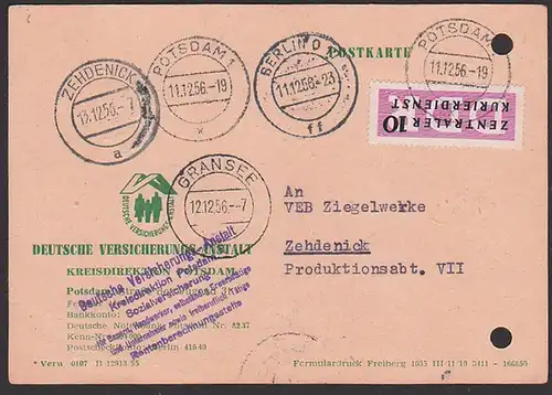 Potsdam 11.12.56 Postkarte mit 10 Pfg. ZKD-Streifen nach Zehdenick, Aktenlochung, alle St. vorderseitig, Berlin O17