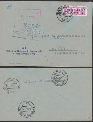 Fürstenwalde Spree  23.10.57 ZKD-Brief B15 (5007) Farben und Lackfabrik n. Zwickau, Zentraler Kurierdienst der DDR