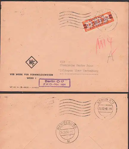 BERLIN O17 ZKD-Brief B23L Werk für Fernmeldewesen, ZKD-Nr. 161 nach Schkopau, Zentraler Kurierdienst der DDR