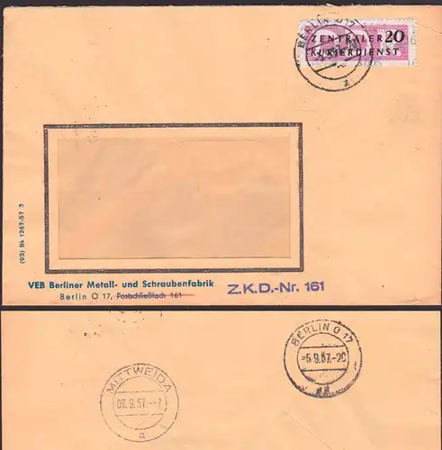 Germany east DDR ZKD-Brief B15 (1605) 5.9.57 Berliner Metall- u. Schraubenfabrik ZKD-Nr. 161