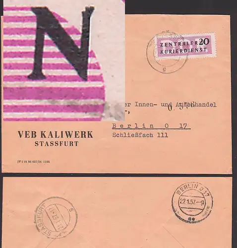 Germany east DDR ZKD-Brief 20 Pf mit Plattenfehler B7I  "N" gebrochen Stassfurt Kaliwerk