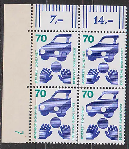 Bogenmarke 70 Pfg. Unfallverhütung Verkehrssicherheit Auto mit Druckerzeichen BRD 773 DZ 7 grün, postfrisch