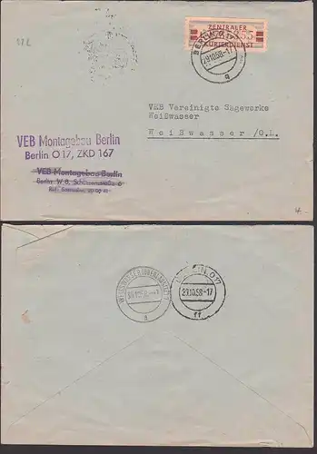 ZKD-Brief B21L Fernbrief BERLIN O17 29.10.58 VEB Mantagebau, ZKD-Nr 167 nach Weißwasser