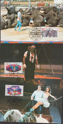 Zirkus 3 Maximumkarten 20.4.89, Welt des Zirkus, Elefantengruppe, Clown, Ballerina auf dem Pferd