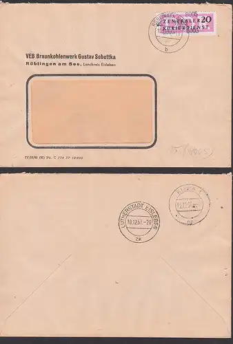 Röblingen am See ZKD-Brief 20 Pfg. Kreisaufdruck 15(8005), 10.12.57, Braunkohlenwerk Gustav Sobottka, montan, Kohle