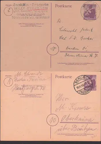 Oranienburg Berlin-Friedenau 2 Ganzsachen 6 Pfg. Berliner Bär SBZ, verschidenes Papier