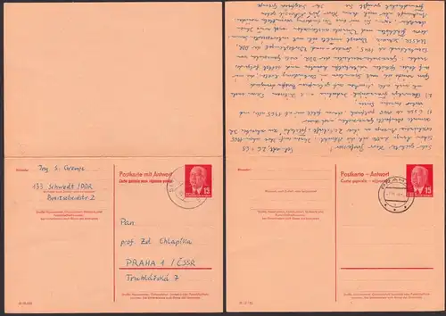 Germany east DDR P65a 15 / 15 Pfg. komplett GA-Karte Schwedt Prag Praha beide Teile gestempelt 1968