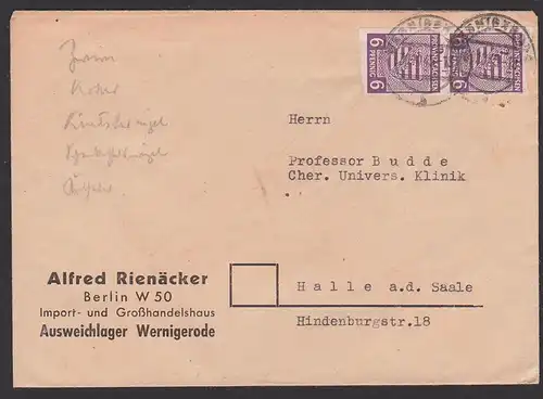 Wernigerode Provinz Sachsen 6 Pf(2) geschnitten, Abs. Sitz Berlin W50 Rienäcker Ausweichlager, 30.10.45