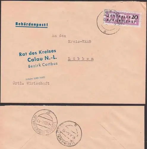 CALAU ZKD-Brief B11(6002) Rat des Kreises Behördenpost, Zentraler Kurierdienst der DDR  3.10.57