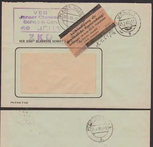 JENA ZKD-Brief Glaswerk Schott Zettel ZKD 7 "Aushändigung als gewöhnliche Sendung!..", Zentraler Kurierdienst der DDR