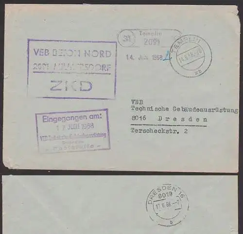 MILMERSDORF Templin VEB Beton Nord, 1968 PSSt. (3) Templin, Zentraler Kurierdienst der DDR 14.10.68