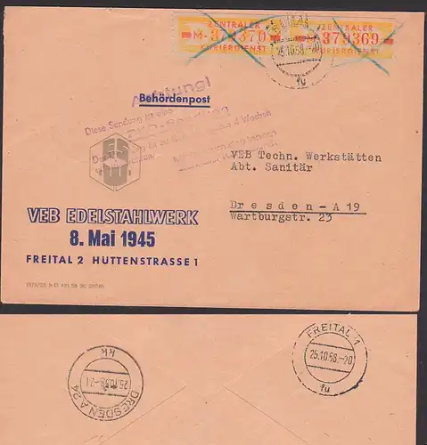 Freital Edelstahlwerk "8.Mai 1945" ZKD-Brief B18IM(2) Hinweisstempel zur Aufbewahrung, 25.10.58