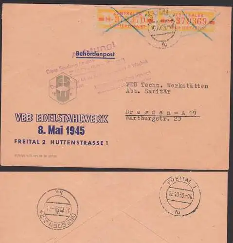 Freital Edelstahlwerk "8.Mai 1945" ZKD-Brief B18IM(2) Hinweisstempel zur Aufbewahrung, 25.10.58