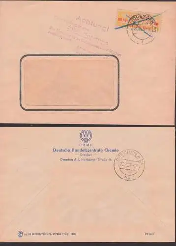 Dresden ZKD-Orts-Brief B18IM DHZ Chemie, Hinweisstempel zur Aufbewahrung 25.10.58