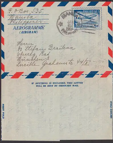 Manila Philipinnes Aerogramm 50  Centavos Luftpost  nach Germany München 1958