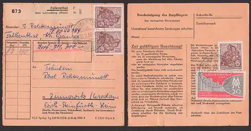 Falkenthal üb. Löwenberg (Mark) Paketschein, 70 Pf(3) 5-Jahrplan u.a. 1959., interne Verwendung, Messe Leipzig