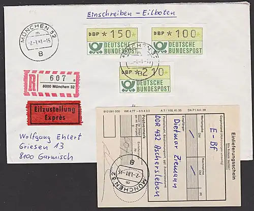 BRD Automatenmarken FDC R-Bf Eilboten Einlieferungsschein München