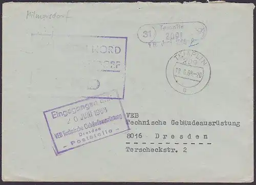 Milmersdorf Templin ZKD-Brief 1968 Germany East , GDR, Spatelstempel, VEB Beton Nord
