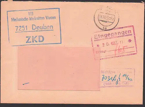 Deuben ZKD-Brief R3 in blau statt violett VEB Mechanische Werkstätten Wurzen" mit R3 "Richtiges Best. (immungs) PA .."