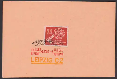 Volkswahl 24 Pfg. DDR 275, Wahlurne Friedenstaube Maurerkelle  Retorte Fernbrief Leipzig 3-Farbenst. auf Unterlage 5.10.