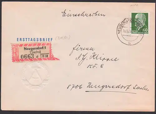 Neugersdorf (Sachs) 60 Pf. Walter Ulbricht R-Orts-Brief 10.12.64, DDR 1080