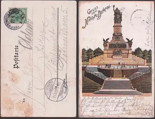 Gruß vom National-Denkmal 1899, aus Trechtingshausen nach Potschappel CAK Litho