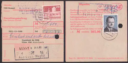 Einzahlungsauftrag 14.4.81 PSSt. in rot (29) Auerbach für Carolagrün mit 70 Pfg. DDR 1881 Leipzig Rathaus und MM Logo