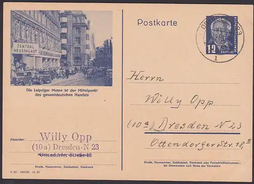 Leipzig 12 Pf. P47/03 Bildpostkarte Leipziger Messe Zentral Messepalast Autos, gesamtdeutscher Handel