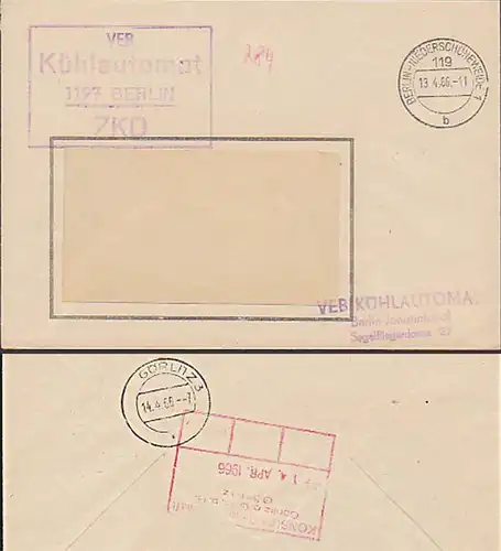 ZKD-Brief Berlin-Johannisthal Niederschöneweide VEB Kühlautomat 13.4.66