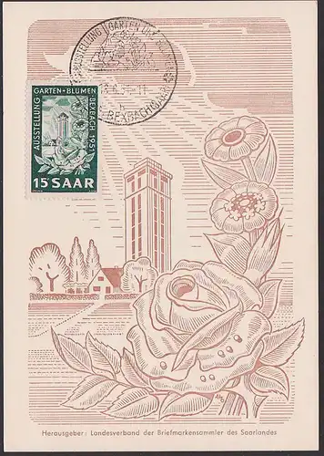 MC Saarland Mi. 307 Ausstellung 1951 Garten Blumen Bexbach Maxkarte FDC