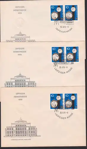 Leipzig Herbstmesse 1970 FDC SoSt. DDR 1601(3) im Paar, watch, Uhr, Armbanduhr Kaliber 74 und 78, SoSt. Opernhaus