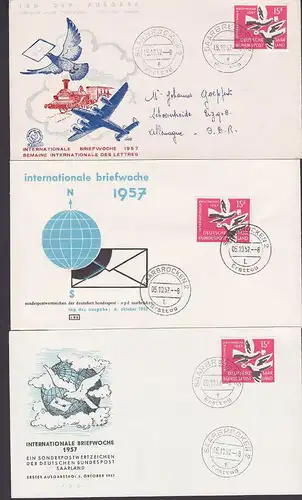 Saarland Saarmesse 1957 Foire de la Sarre FDC Bergbau Briefwoche Taube Flugzeug Eisenbahn 3 FDC