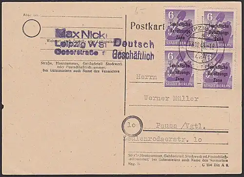 SBZ Karte 6 Pf.(4) Aufdruck, Berliner Bär aus Leipzig nach Pausa (Vogtl.) 13.10.48
