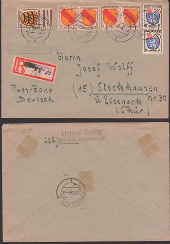 Zone Francaice Koblenz R-Bf mit Not-R-Zettel Feldpost nach Stockhausen russische Zone 7.10.46