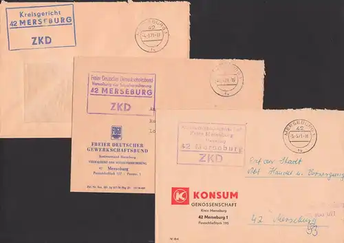 MERSEBURG 3 ZKD-Briefe Kreisgericht, FDGB, Komsumgenossenschaft je mit ZKD-Kastenstempel