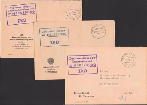 MERSEBURG 3 ZKD-Briefe Volkspolizei-Kreisamt, Carl-von-Basedow Kreiskrankenhaus, Wasserversorgung je mit Kastenst.