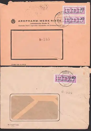 Riesa AROPHARM-Werk, Gera ZKD-Doppelbriefe mit 40 bbw. 20 (2) Pfg. Streifen