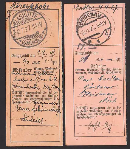 Einzahlungsabschnitte 1927 aus Heidenau bzw. Glashütte