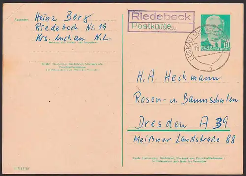 Riedebeck Kreis Luckau (Niederlausitz) Poststellen-St. 16.12..61 auf 10 Pf. GA Wilhelm Pieck