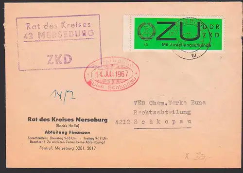 Merseburg Rat des Kreises mit E2y Zustellungsurkunde nach Schkopau 13.7.67, Randstück