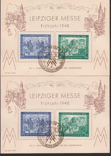 Leipzig Messe 1948 zwei So-Karten über 5,- RM mit Dv, SoSt. 2.3.48, Gedenkblatt, Zollschranken