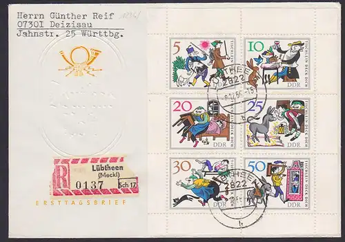 Brüder Grimm Märchen "Tischlein Deck Dich", Goldesel FDC DDR Klbg. 1236/41 R-Brief Lübthen 8.12.66