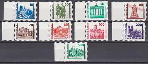 DDR Freimarken neue Währung kpl.  3344/52 **, Motive Meissen Albrechtsburg, Eisenach Wartburg Schloss Schwerin, Randst.