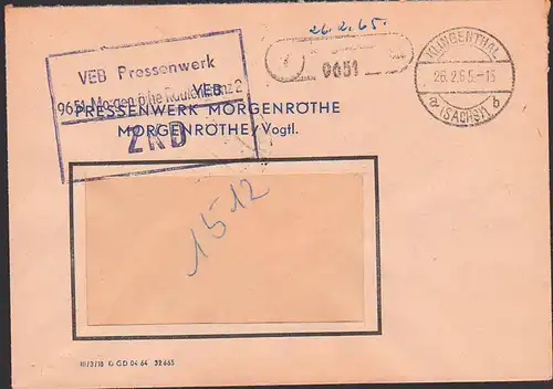 Morgenröthe Rautenkranz PSSt. Klingenthal Pressenwerk R3 ZKD-Kastenstempel 26.2.65, Geburtsort Siegmund Jähn