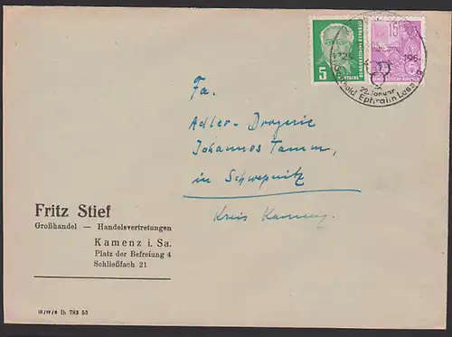 Kamenz SoSt. Gotthold Ephrain Lessing, Fernbrief 15 Pfg. 5-Jahrplan Fernschreibmaschine Deutsche Post, DDR 411, 5 Pfg.