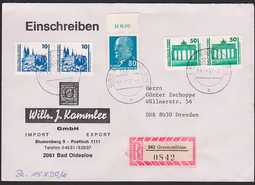 Walter Ulbricht 80 Pf. Oberrand R-Brief Grevesmühlen MiF mit DM-Ausgaben